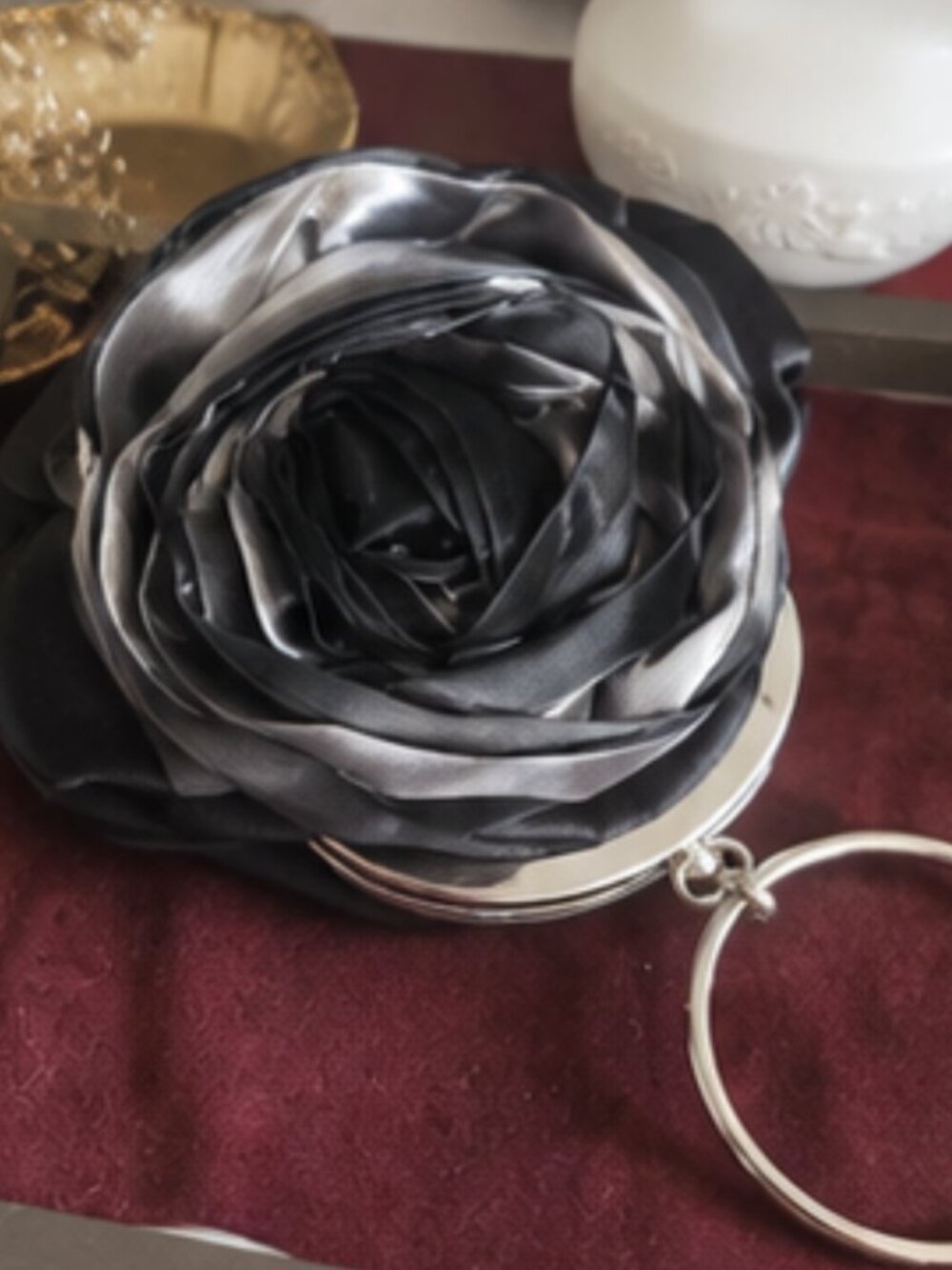 Black & Silver Satin Rose Evening Bag – Statement Ring Handle Clutch - Picture 2 of 4